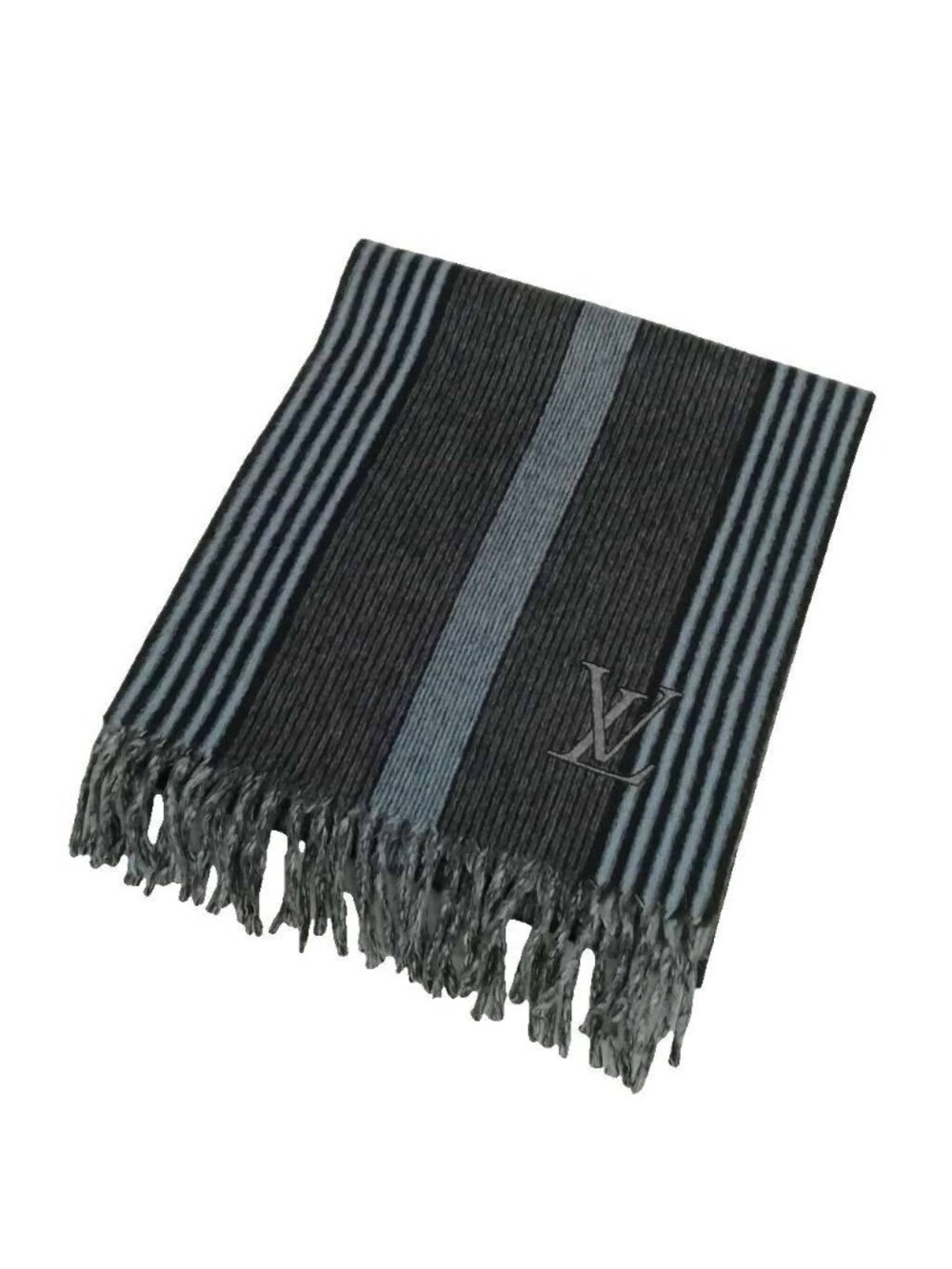 Louis Vuitton Cashmere Wool Striped Fringe Scarf LV Logo Embroidery Gray